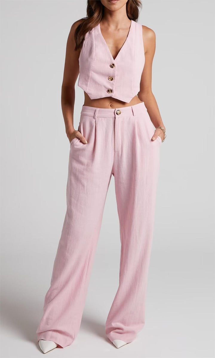 ISOLDE - Pink Linen Vest and Wide-Leg Pants Set