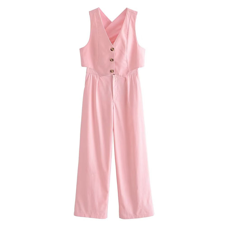 ISOLDE - Pink Linen Vest and Wide-Leg Pants Set