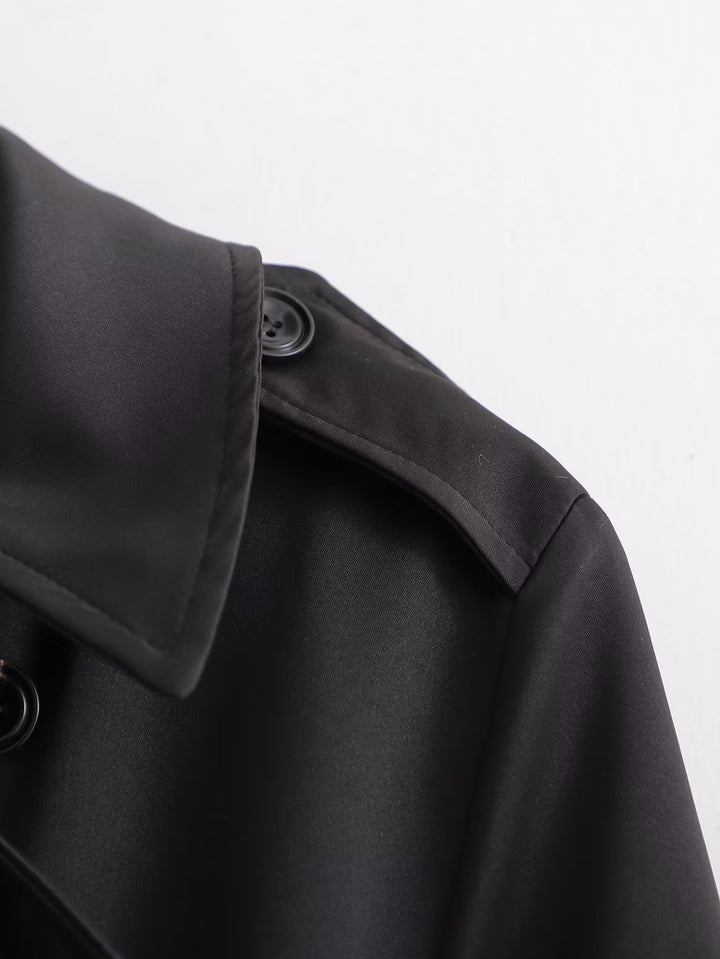 GION - Women's Black Double-Breasted Trench Coat