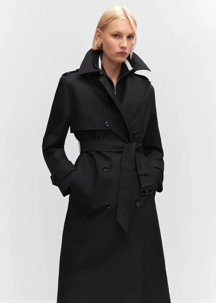 GION - Women's Black Double-Breasted Trench Coat