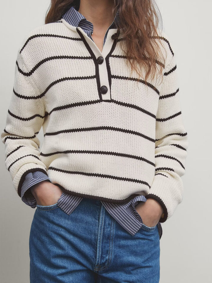 MUMBI - Striped Knit Polo Sweater