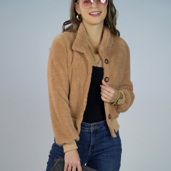 EVEY - Cozy Cropped Teddy Bear Fleece Jacket