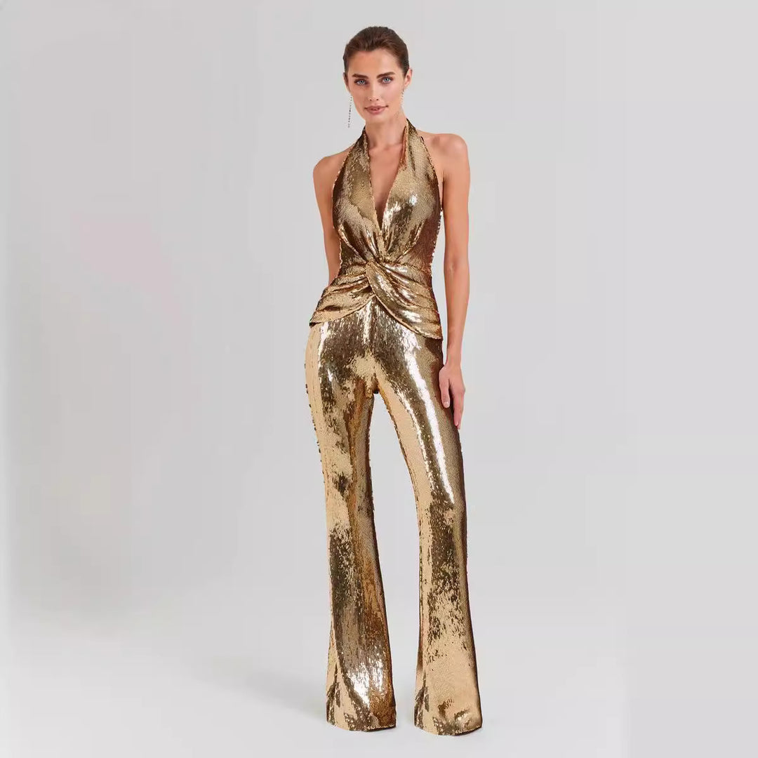 MONFER -  Gold Sequin Halter Jumpsuit