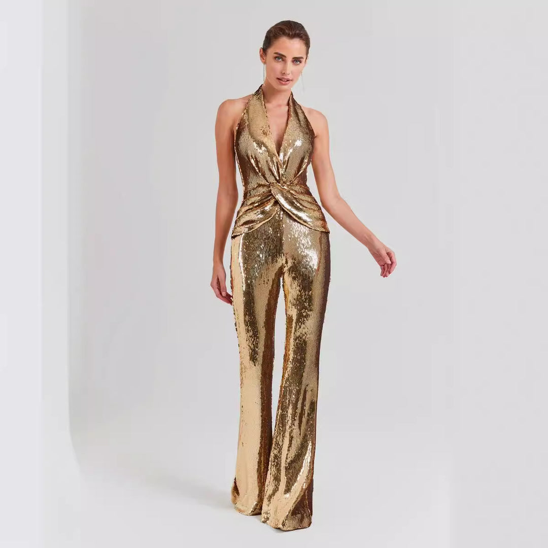 MONFER -  Gold Sequin Halter Jumpsuit