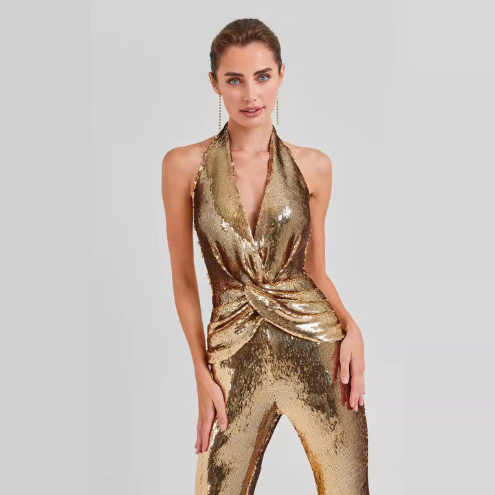 MONFER -  Gold Sequin Halter Jumpsuit