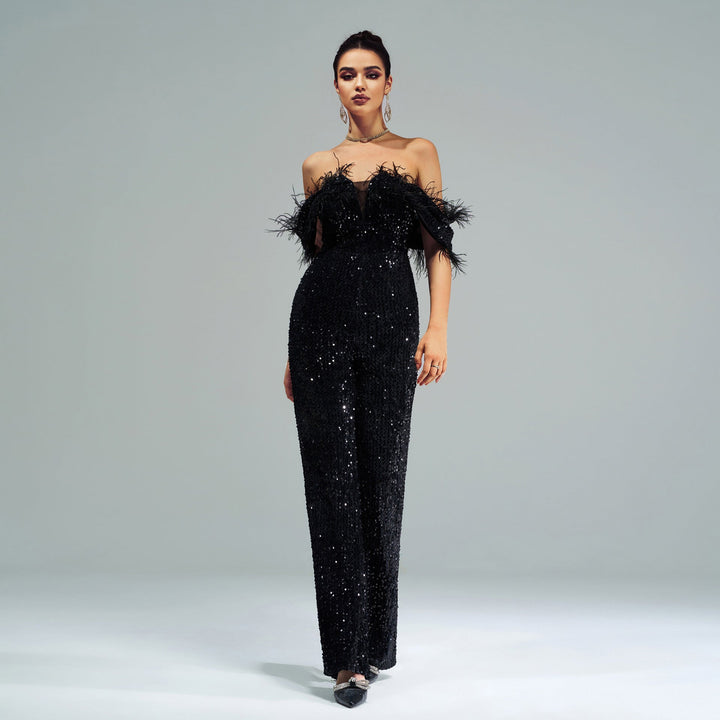 XERA - Off-Shoulder Feather Sequin Jumpsuit
