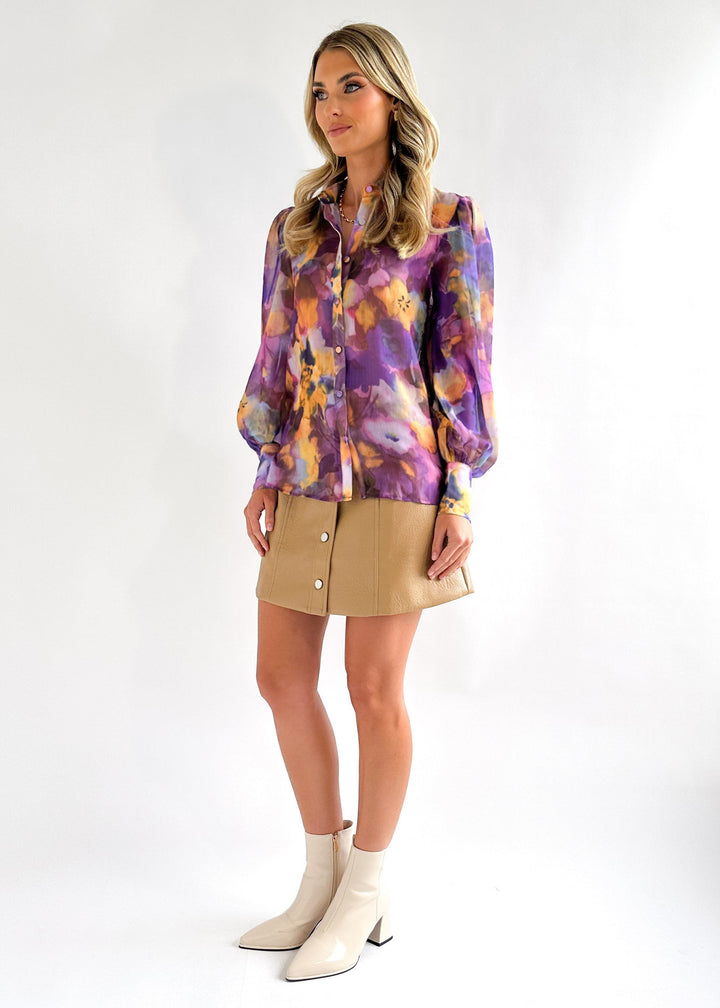 ALORA - Floral Print Long Sleeve Button Shirt