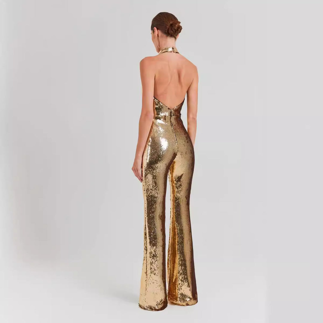 MONFER -  Gold Sequin Halter Jumpsuit