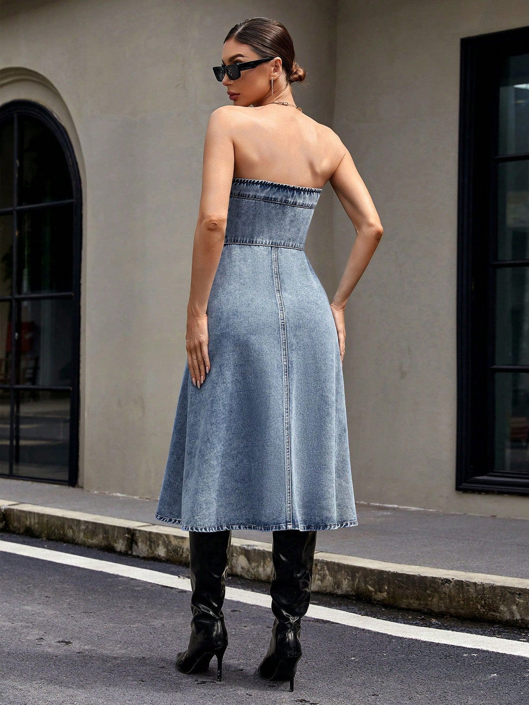 SABLE - Strapless Button-Front Denim Dress