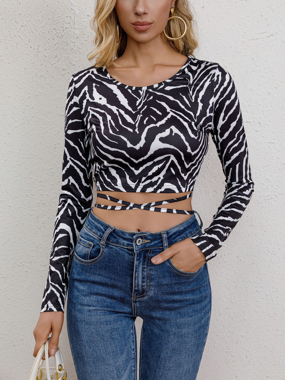 NAFIKA - Long Sleeve Zebra Print Crop Top