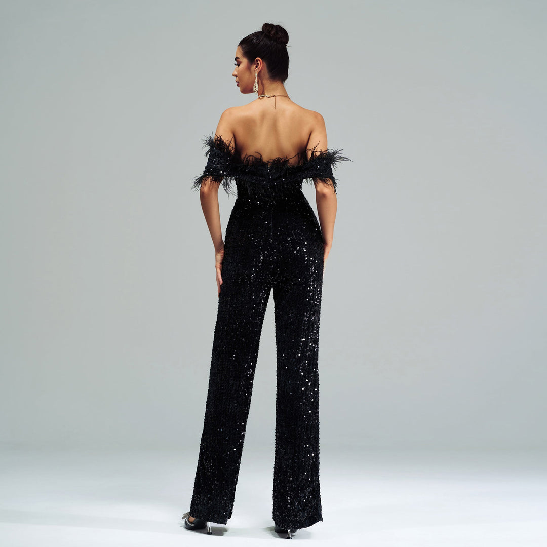 XERA - Off-Shoulder Feather Sequin Jumpsuit