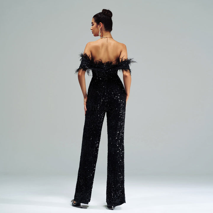 XERA - Off-Shoulder Feather Sequin Jumpsuit
