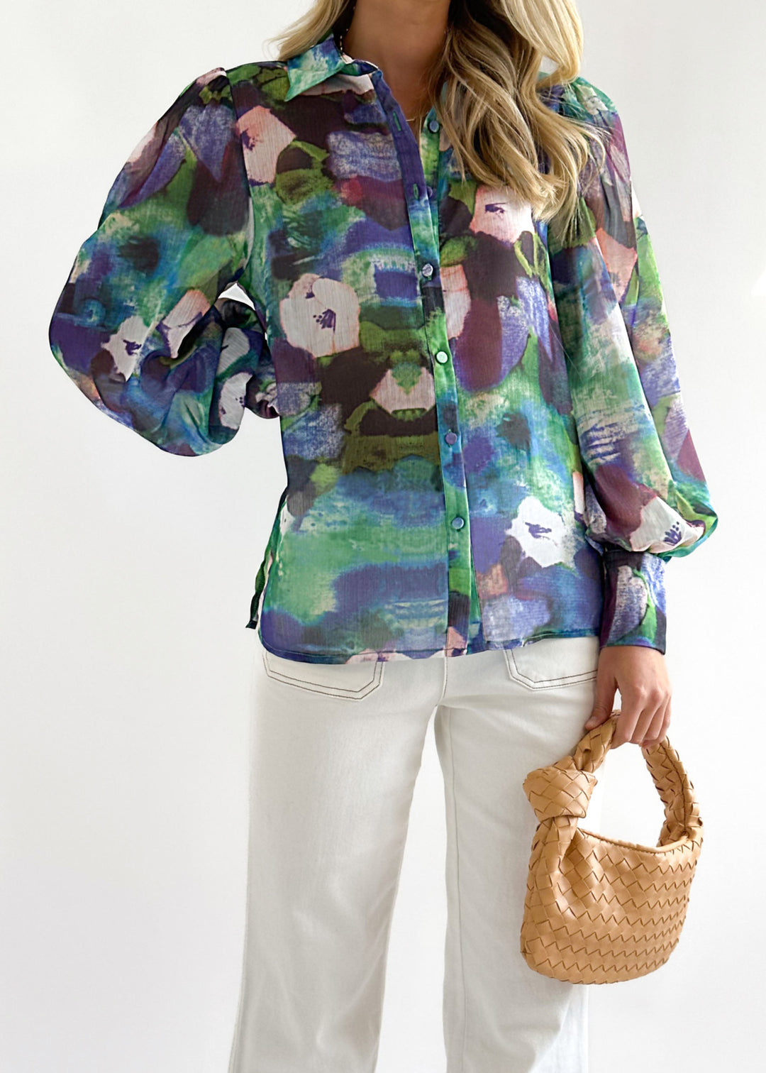 ALORA - Floral Print Long Sleeve Button Shirt