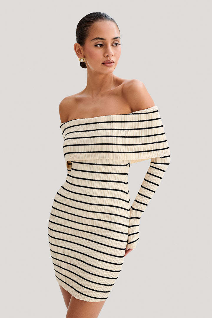 HALLIE - Off-Shoulder Striped Knit Dress