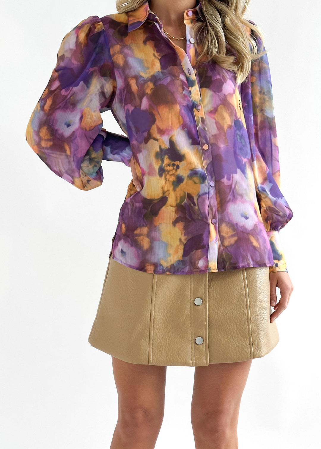 ALORA - Floral Print Long Sleeve Button Shirt