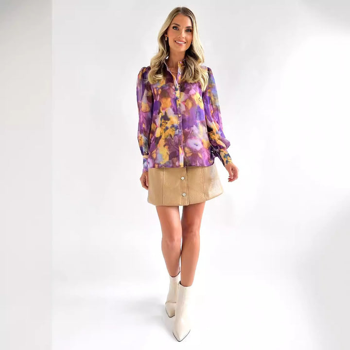 ALORA - Floral Print Long Sleeve Button Shirt