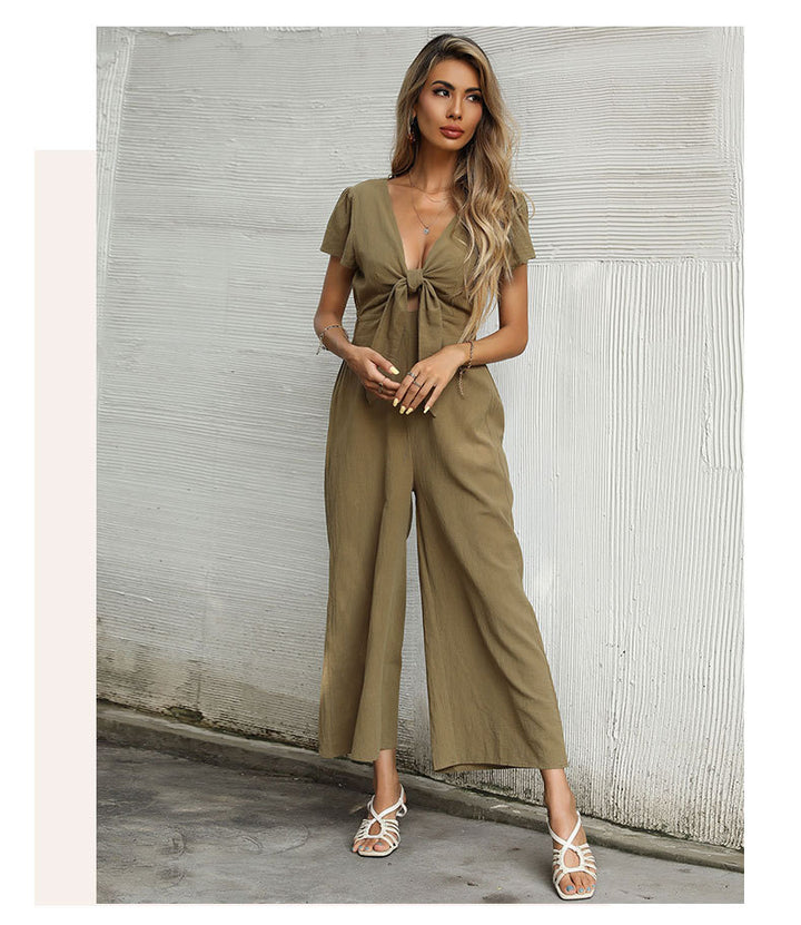 SENNA -  Olive Knot Front Wide-Leg Jumpsuit