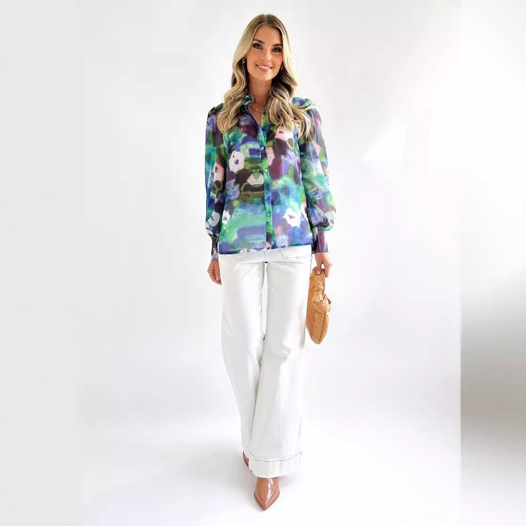 ALORA - Floral Print Long Sleeve Button Shirt