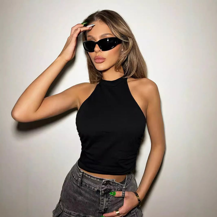 ESTY - Sleeveless Black Halter Neck Crop Top