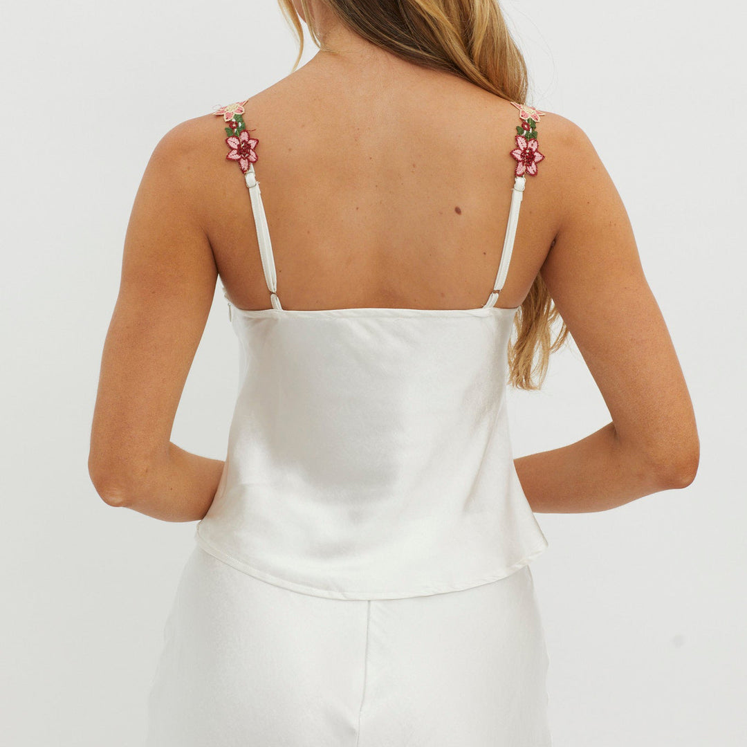 ALIZ - Floral Embroidered Strap White Top