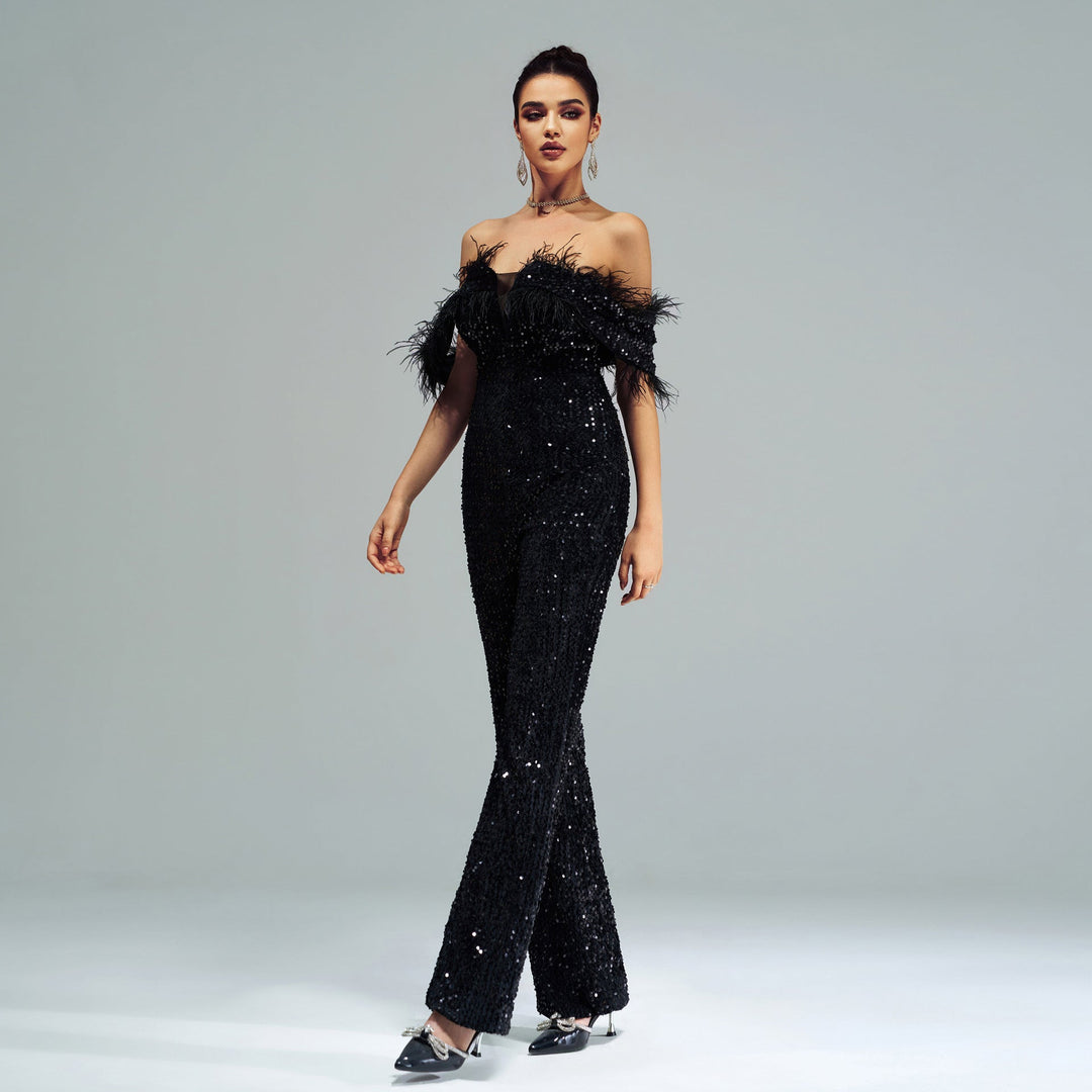 XERA - Off-Shoulder Feather Sequin Jumpsuit