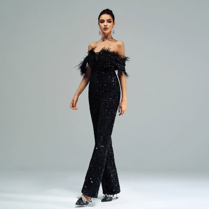 XERA - Off-Shoulder Feather Sequin Jumpsuit