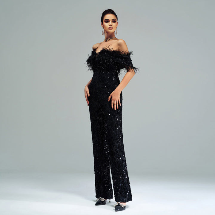 XERA - Off-Shoulder Feather Sequin Jumpsuit