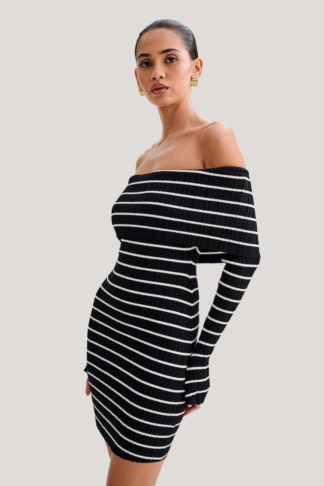 HALLIE - Off-Shoulder Striped Knit Dress