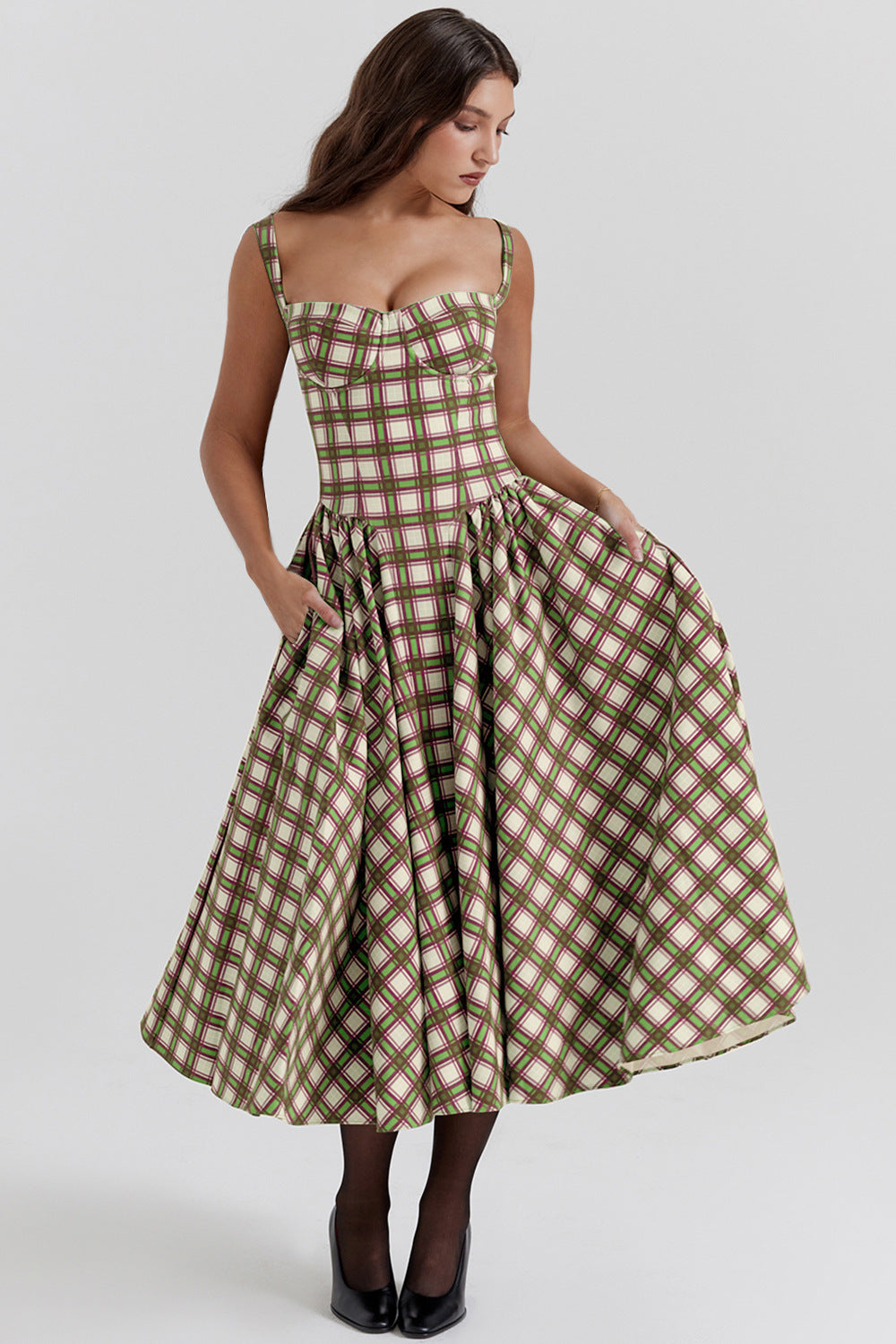 DIZA - Elegant Plaid Midi Dress