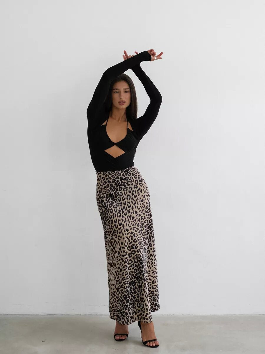 BRING - Leopard Print Maxi Skirt with High Waist