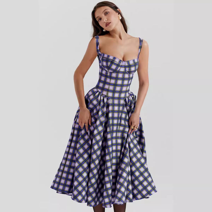 DIZA - Elegant Plaid Midi Dress