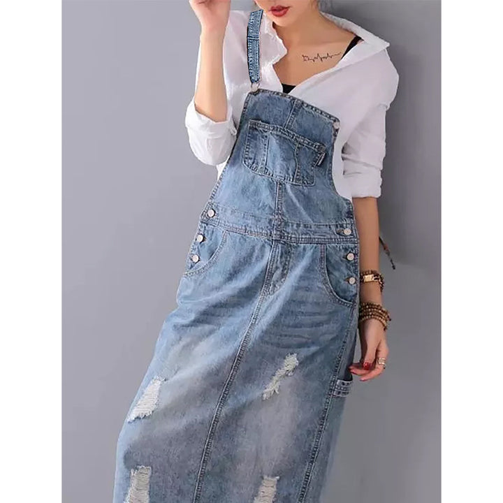 ABELINE - Women's Distressed Denim Overall Dress