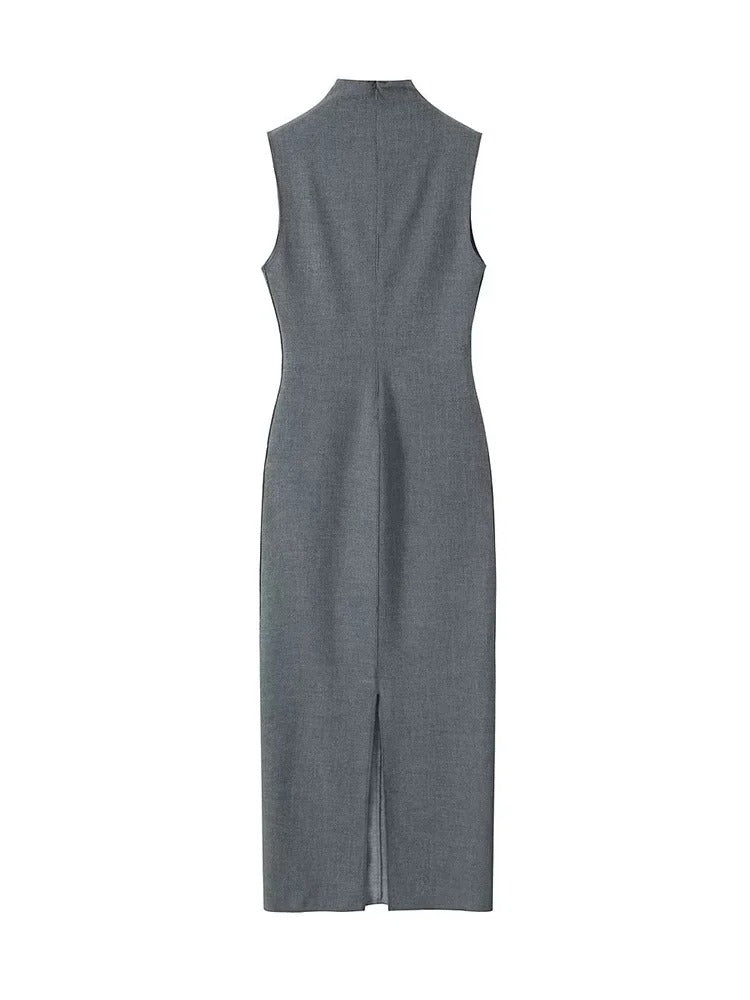 SOLID - Elegant Charcoal Sleeveless Sheath Dress