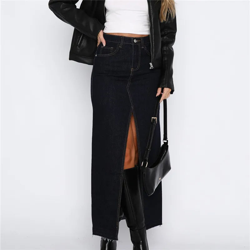 ANYA - Slit-Front Denim Maxi Skirt