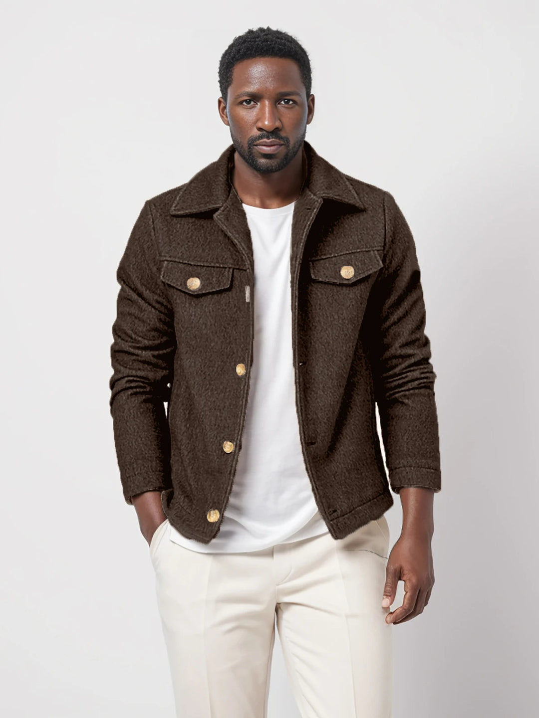 ANDERS - Men's Brown Textured Buttoned Jacket