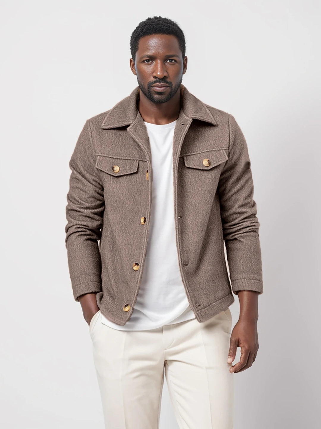 ANDERS - Men's Brown Textured Buttoned Jacket