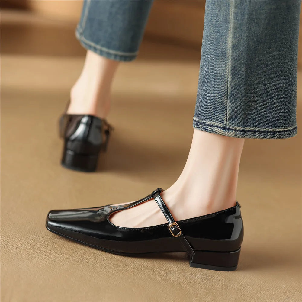 BERYL - Leather T-Strap Mary Jane Flats