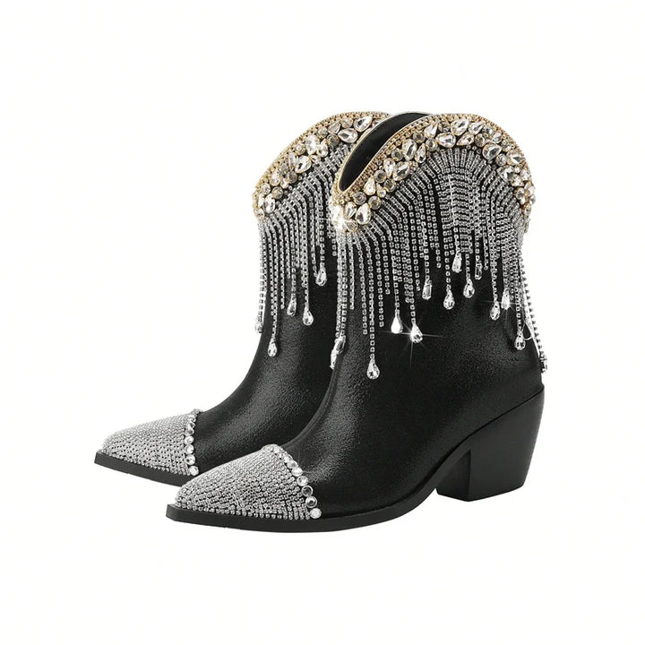 SYA - Rhinestone Fringe Embellished Western Boots