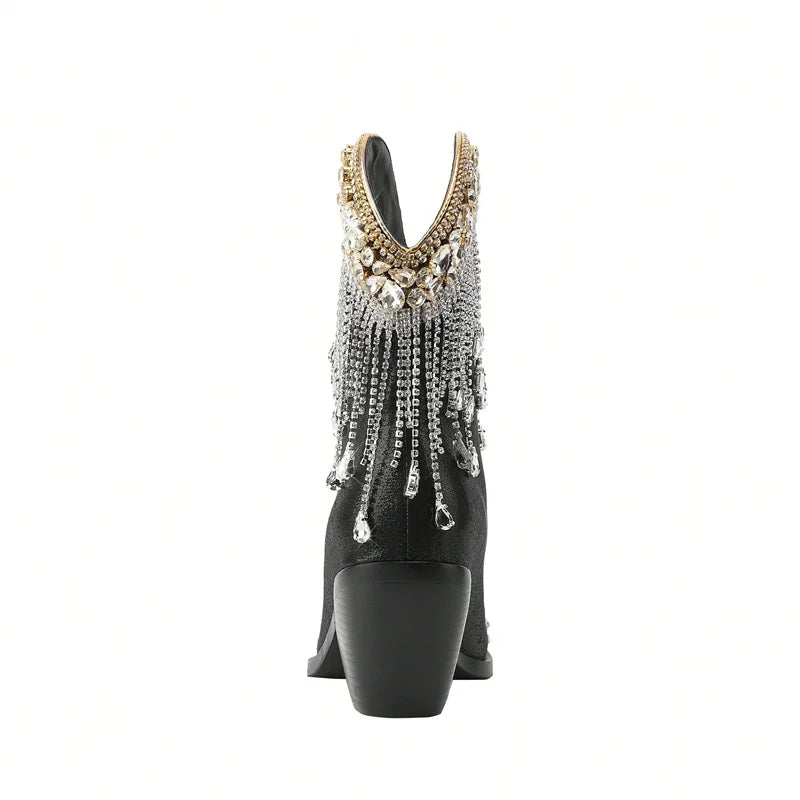 SYA - Rhinestone Fringe Embellished Western Boots