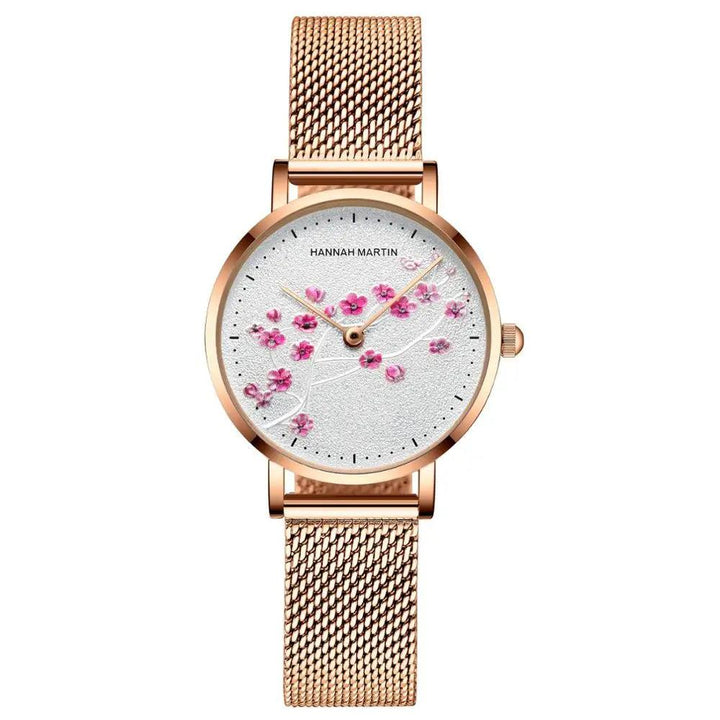 HHM - Floral Rose Gold Watch with Mesh Strap