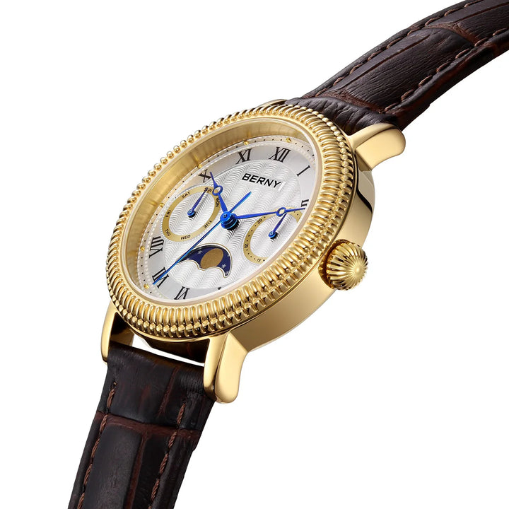 BERNY - Classic Gold-Trim Leather Moon Phase Watch