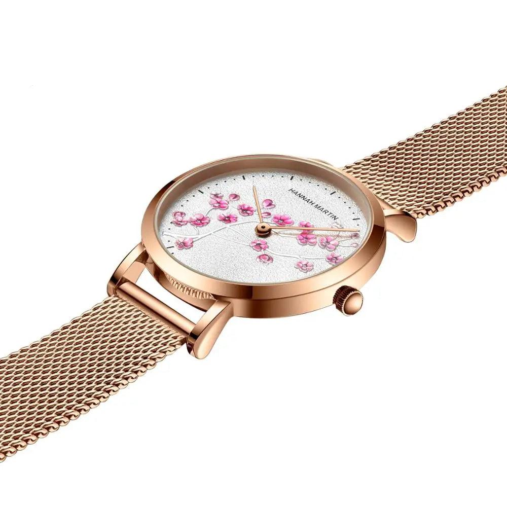 HHM - Floral Rose Gold Watch with Mesh Strap