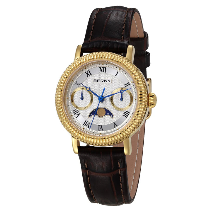 BERNY - Classic Gold-Trim Leather Moon Phase Watch