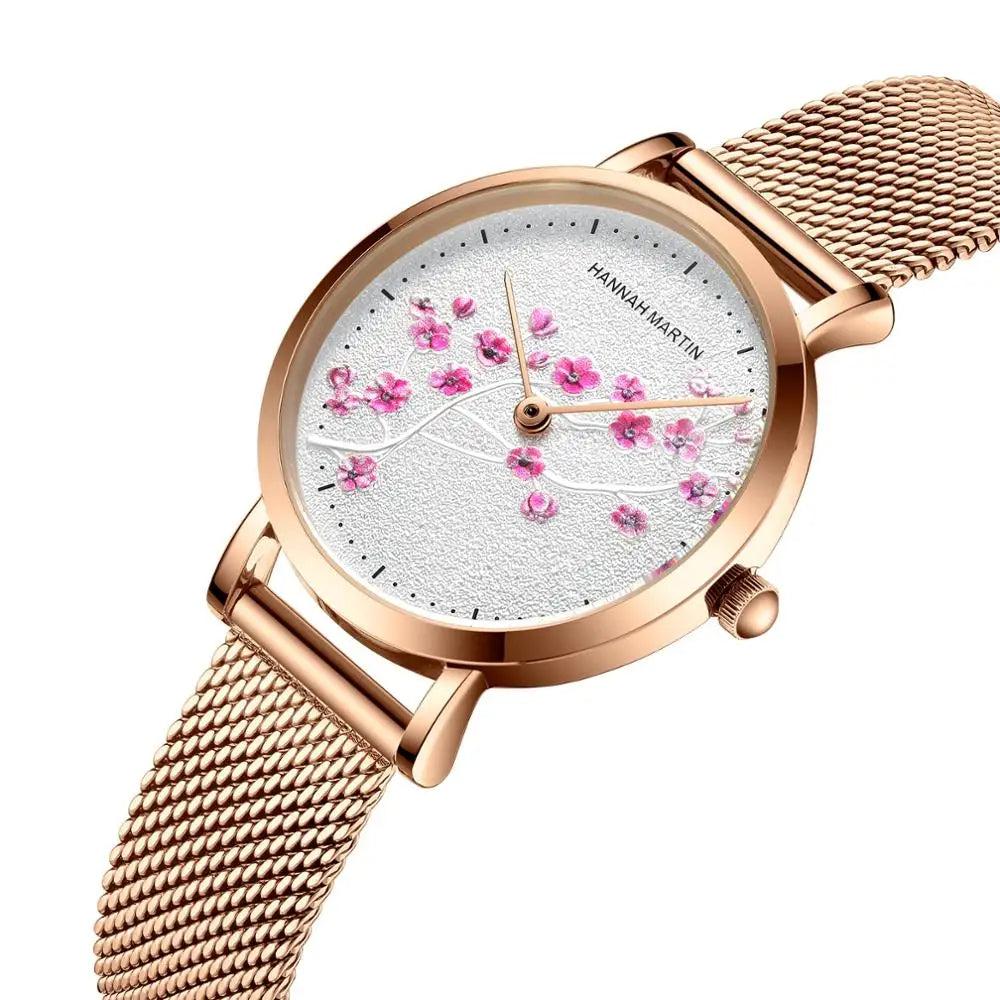 HHM - Floral Rose Gold Watch with Mesh Strap