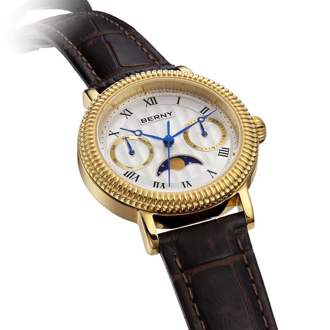 BERNY - Classic Gold-Trim Leather Moon Phase Watch