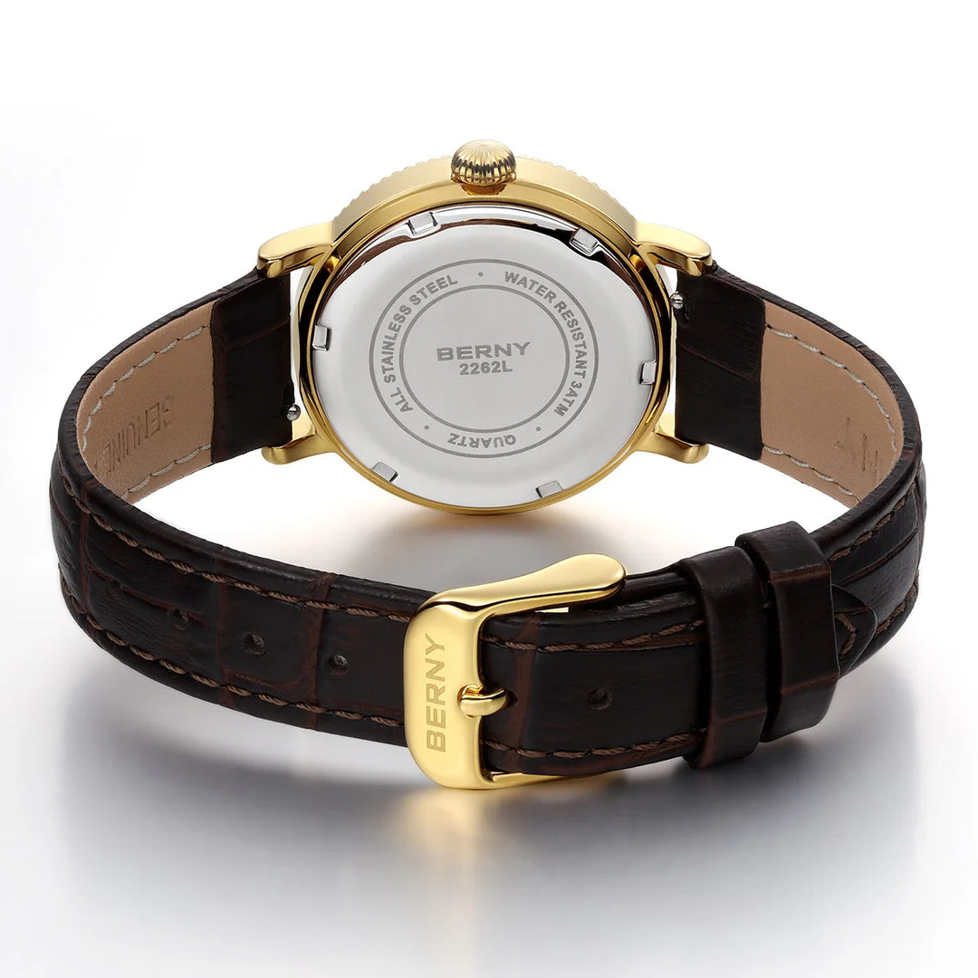 BERNY - Classic Gold-Trim Leather Moon Phase Watch