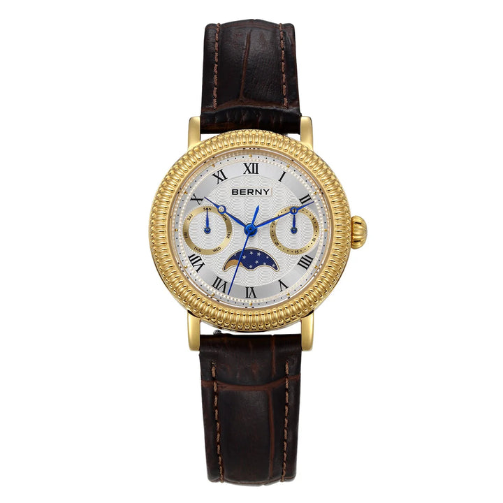 BERNY - Classic Gold-Trim Leather Moon Phase Watch