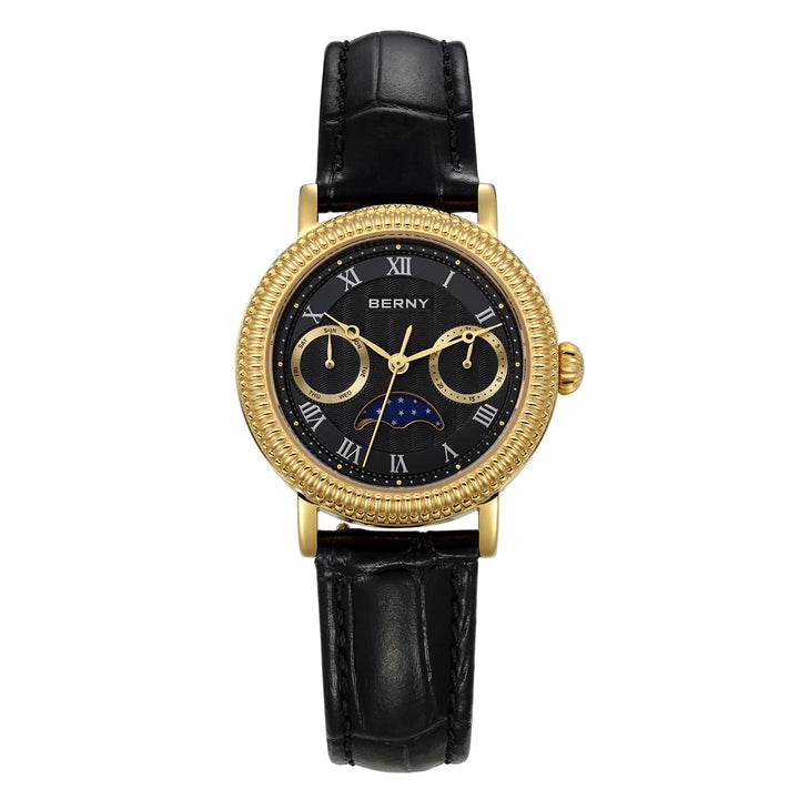 BERNY - Classic Gold-Trim Leather Moon Phase Watch