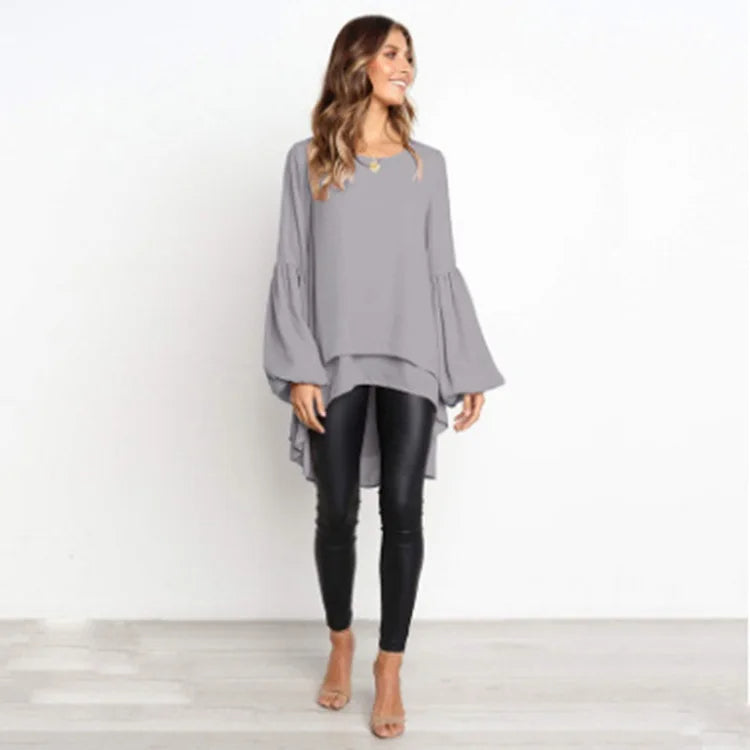 BIRDIE - Asymmetrical Lantern Sleeve Round Neck Blouse