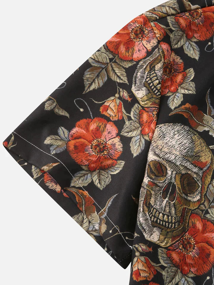 Rose Skull Print Button Up Shirt